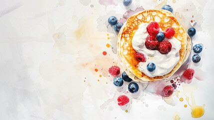 Watercolor painting of pancakes with berries. Illustration of breakfast.