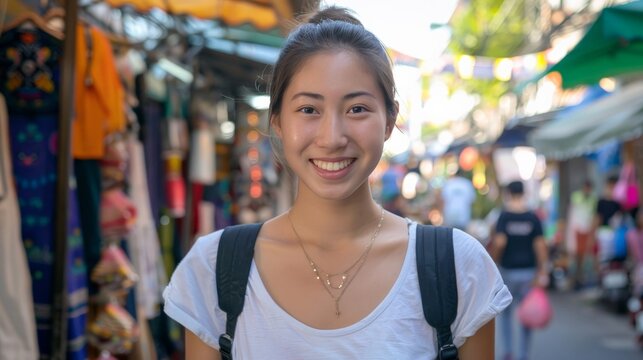 Young Asian traveling backpacker at outdoor market in Bangkok, Thailand