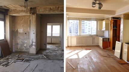 photo of an apartment before and after a Diogenes clearance.  - obrazy, fototapety, plakaty