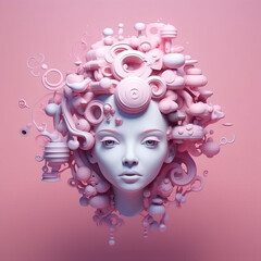 3d fantasy composition - head of a beautiful porcelain doll with a white face and fantasy pink hairstyle made of various round objects on a pink background.