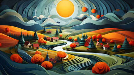 A peaceful countryside scene with strong geometric shapes