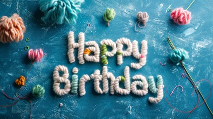 Wool Happy Birthday concept creative horizontal art poster. Photorealistic textured words Happy Birthday on artistic background. Ai Generated Congratulations Horizontal Illustration.