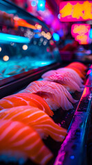 Sashimi glows under neon lights, a close-up shot tinged with the dark edges of cyberspace