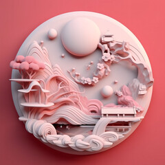 Japanese landscape in soft pink color with cherry blossoms, moon, mountains, trees and private house - 3D wall circular panel on dark pink background.