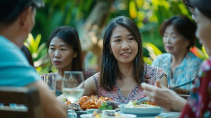 Young Asian women visit the family during parties outdoors in the garden. An attractive diverse group of people having dinner, eating food, and celebrating weekend reunion gathered at the dining table - obrazy, fototapety, plakaty