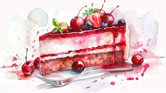 Watercolor illustration of a slice of cake. Berries and cream on a sweet dessert.