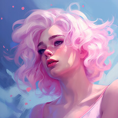 Portrait of a beautiful girl with short curly pink hair that flutters in the wind, in watercolor technique on the background of blue sky