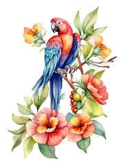 Beautiful vector image with nice watercolor parrot on the branch, Isolated white background