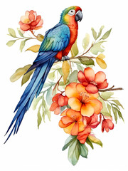 Beautiful vector image with nice watercolor parrot and tropical flowers, Isolated white background