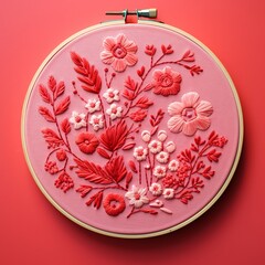 illustration of a one colour simple red embroidery on a pink background, Generative ai