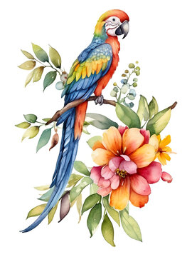 Beautiful image with nice watercolor parrot and flowers. Isolated white background