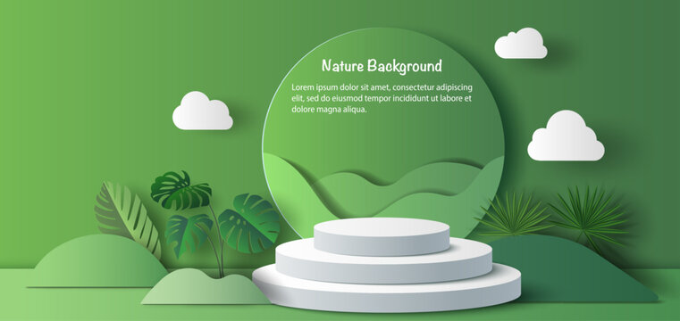 Product banner, podium platform with geometric shapes and nature background, paper illustration, and 3d paper.