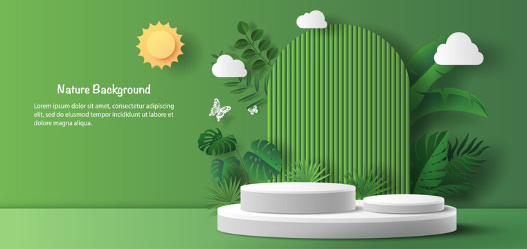 Product banner, podium platform with geometric shapes and nature background, paper illustration, and 3d paper.