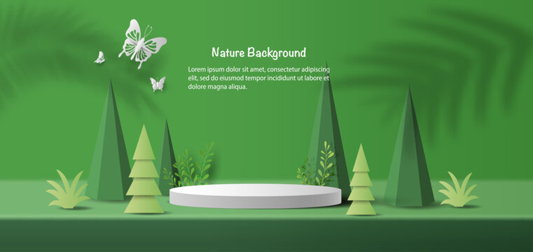 Product banner, podium platform with geometric shapes and nature background, paper illustration, and 3d paper.