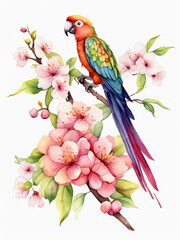 Beautiful watercolor illustration of a parrot on a branch of sakura with flowers, Isolated white background