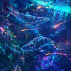 Bioluminescent marine life in a cyberpunk ocean, vibrant