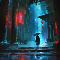 Cyberpunk detective solving a mystery in an ancient temple, intriguing - obrazy, fototapety, plakaty