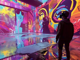 Graffiti artists painting in a virtual reality world, vibrant
