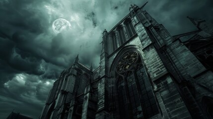 Gothic architecture with futuristic enhancements, dark and mysterious - obrazy, fototapety, plakaty