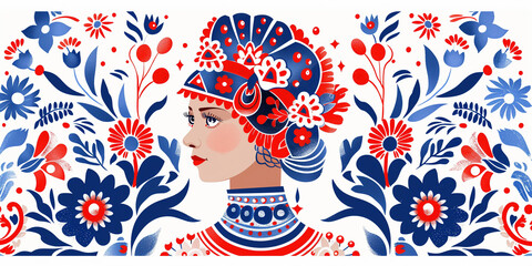 Russian native pattern with red and blue tones, slavic motives. Woman kokoshnik, folklore traditional illustration - obrazy, fototapety, plakaty