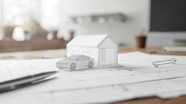 Three-dimensional white drawing of house car placed on a blank page  