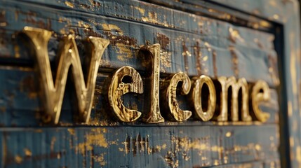 Antique Gold Welcome concept creative horizontal art poster. Photorealistic textured word Welcome on artistic background. Ai Generated Hospitality and Greetings Horizontal Illustration.