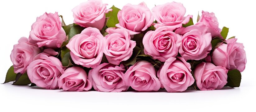 A bunch of stunning pink roses arranged neatly on a white background. The vibrant pink color of the roses contrasts beautifully with the clean white backdrop, creating a visually striking image.