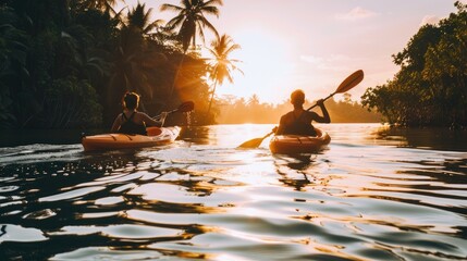 Two people kayaking on tranquil waters at sunset, surrounded by lush tropical foliage, reflecting an essence of peaceful exploration