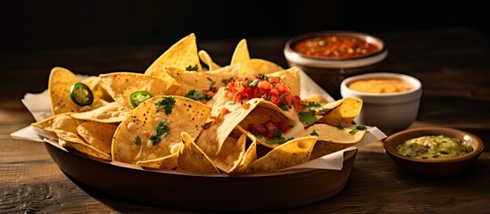 A close-up shot of a wooden table holding a platter of nachos topped with melted cheese, salsa, and guacamole. The nachos are arranged in a visually appealing manner, making them look delicious and