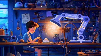 Young boy mechanic repairing the robot in the workshop at night