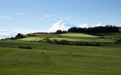 Fototapeta na wymiar Sun shining on a green field with a white cloud in the sky on a spring day near Potzbach, Germany.