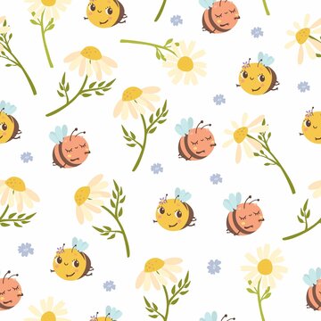 Seamless Pattern Cute Bees With Daisies