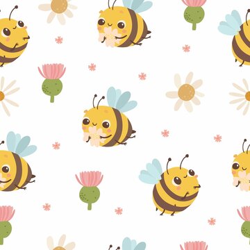 Seamless Pattern With Bees Flowers