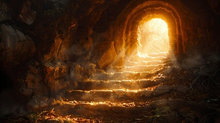 A depiction of the empty tomb, with beams of light streaming in through the entrance.
