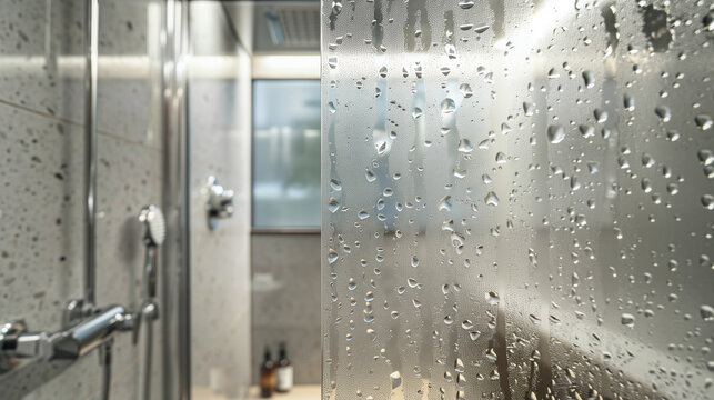  Barthroom, shower glass wall There are water drops on the glass. Generative AI illustration