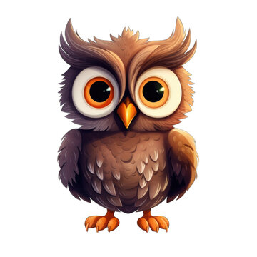 A very cute owl with big eyes and a white background