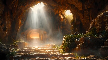 A depiction of the empty tomb, with beams of light streaming in through the entrance. - obrazy, fototapety, plakaty