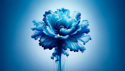 Abstract single blue flower blooming by transparent liquid fluid ink petal on blue background. 3D render style in studio light.