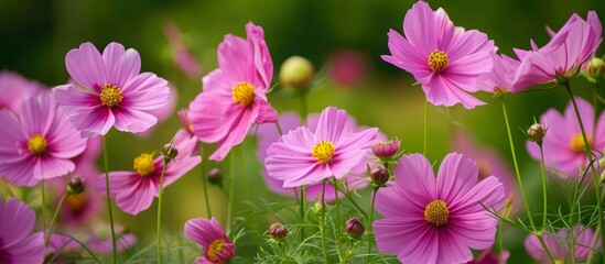 Blossoming pink cosmos flowers in a garden under the sun
