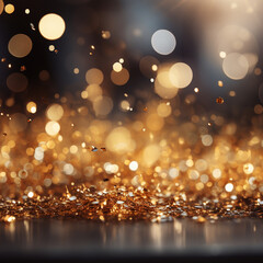 Christmas gold background with lights, stars, dots, Christmas gold bokeh light background.