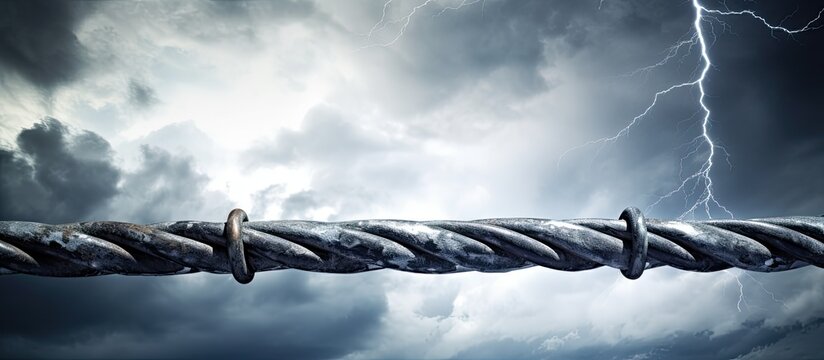 A steel cable is seen attached to a lightning rod atop a metal sheet, with a dramatic stormy sky in the background.
