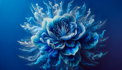 Fototapeta na wymiar Abstract single blue flower blooming by transparent liquid fluid ink petal on blue background. 3D render style in studio light.