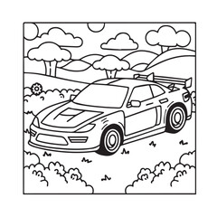 car on nature landscape cartoon vector illustration graphic design in black and white