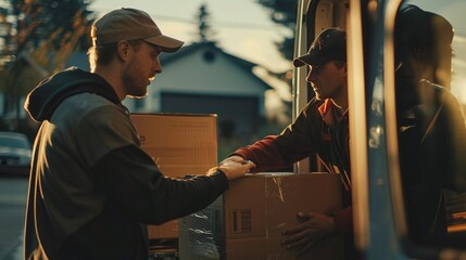 Fototapeta na wymiar Delivery Drop-off, light truck driver making a delivery, with the driver handing a package to a customer or dropping off goods at a business, background image, generative AI
