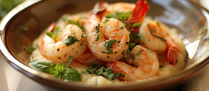 The image shows a bowl filled with succulent shrimp, creamy grits, and aromatic parsley, creating a flavorful dish ready to be enjoyed.