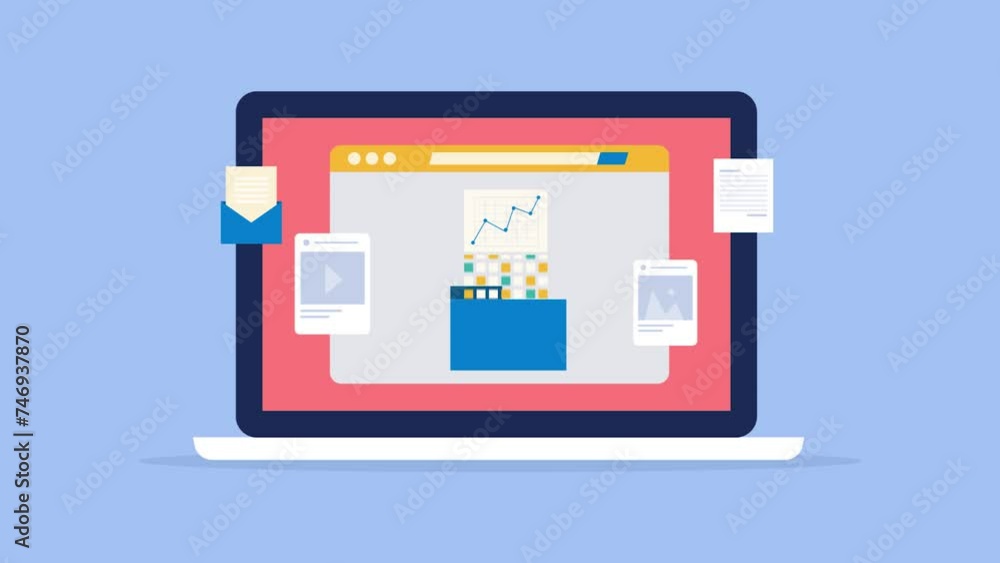 Poster data storage on secure laptop folder, data transfer to digital file, conceptual technology video ani