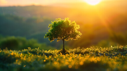 Lonely tree on the meadow at sunset, soft focus - obrazy, fototapety, plakaty