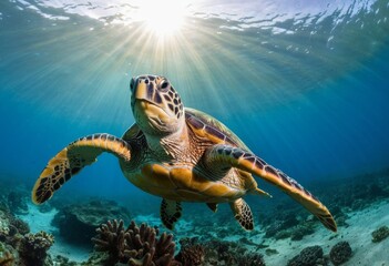 Obraz premium Sea turtle with sunburst in background underwater