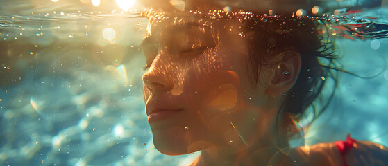 Underwater portrait of a beautiful young woman in a swimming pool. - obrazy, fototapety, plakaty