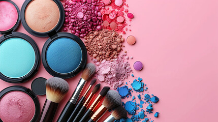 Professional  Makeup cosmetics  with a selection of arranged on a pink background